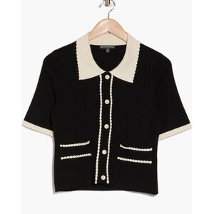 Adrianna Papell Contrast Scallop Trim Cardigan Black Cream